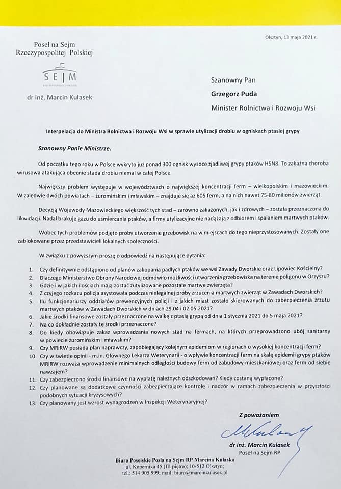 Ptasia grypa w Polsce interpelacjaKulasek180521